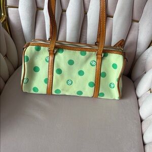 Green Polka Dot Canvas Shoulder Bag with Tan Trim